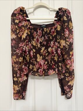 Express Floral Smocked Puff-Sleeve Top in Dark Brown, Pink and Mustard